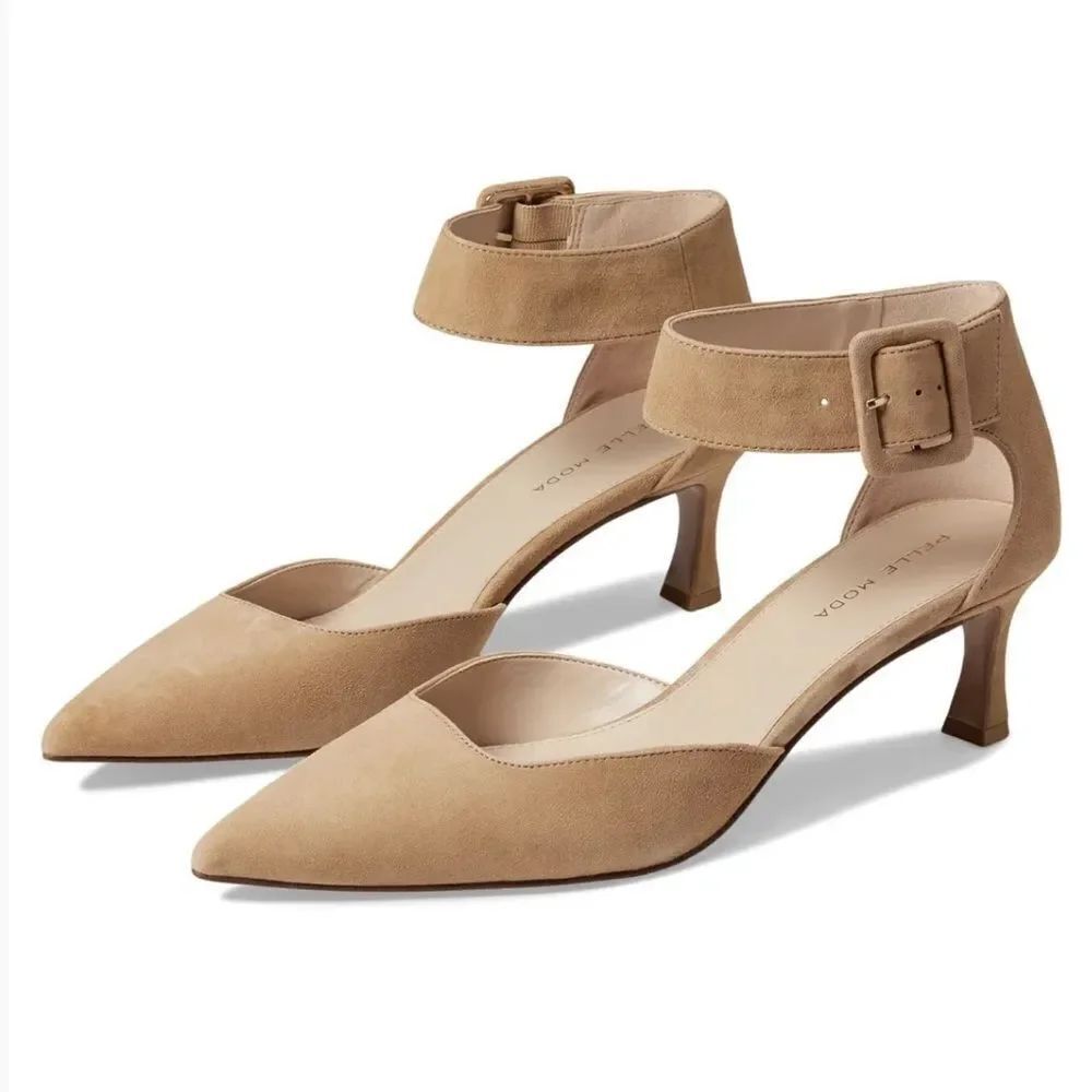 Pelle Moda Ciann Ankle Strap Pointed Toe Pump Kitten Heel Brown Tan Suede Sz 9